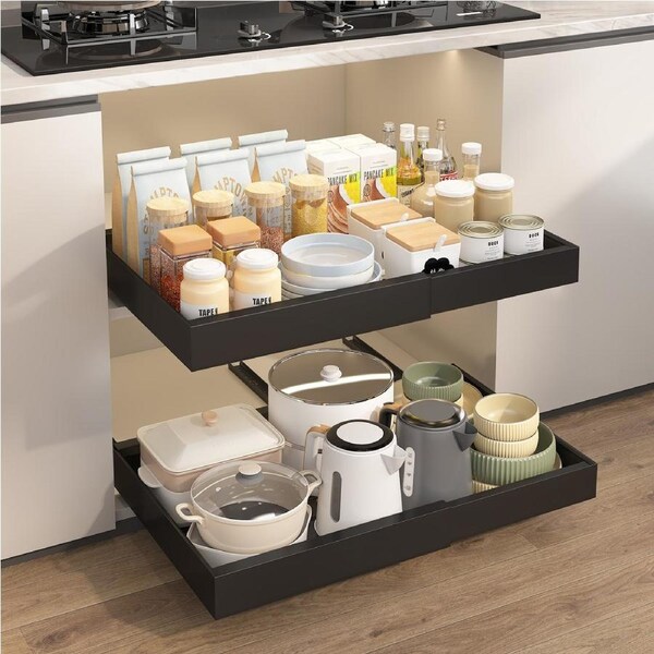 ACA Black Kitchen Bath Storage Shelf Organizer Sliding Cabinet Basket Pull Out Drawer 43.5-68x42cm