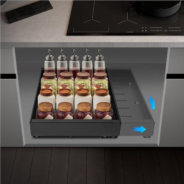 ACA Black Kitchen Laundry Storage Shelf Organizer Sliding Cabinet Basket Pull Out Drawer 32-52x42cm