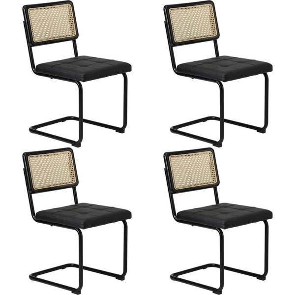 Oikiture 4x Rattan Dining Chair Cesca Replica Cantilever PU Leather Padded Black