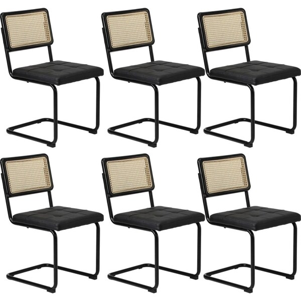 Oikiture 6x Rattan Dining Chair Cesca Replica Cantilever PU Leather Padded Black