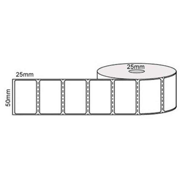 50mm x 25mm - White Direct Thermal Perforated Labels, Permanent Adhesive, 25mm Core, (2000/roll)