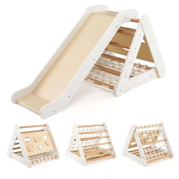 Babyjoy Climb Playset Kids Climbing Set 4-in-1 Wooden Triangle Climber Toy Indoor Toddler Slide Activity Center Beige