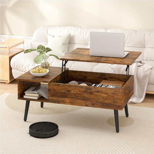 Advwin Lift Top Coffee Table Wooden Laptop Desk w/ Hidden Storage & Shelf Walnut