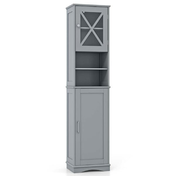 Costway Tall Bathroom Cabinet Freestanding Slim Storage Cupboard Narrow Corner Single Door Floor Cabinet Grey