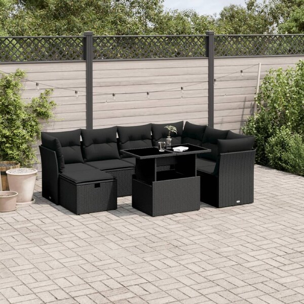 8 Piece Garden Sofa Set with Cushions Black Poly Rattan vidaXL