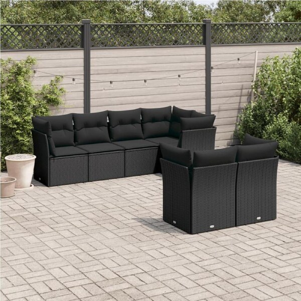 7 Piece Garden Sofa Set with Cushions Black Poly Rattan vidaXL