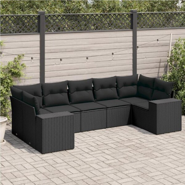 7 Piece Garden Sofa Set with Cushions Black Poly Rattan vidaXL