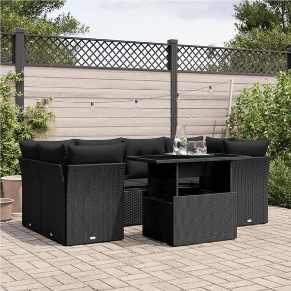 7 Piece Garden Sofa Set with Cushions Black Poly Rattan vidaXL