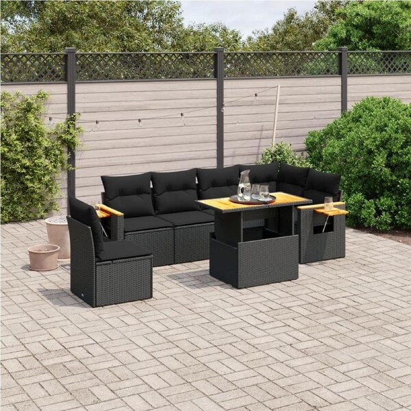 7 Piece Garden Sofa Set with Cushions Black Poly Rattan vidaXL