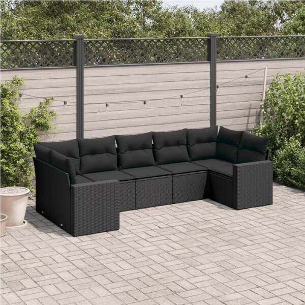7 Piece Garden Sofa Set with Cushions Black Poly Rattan vidaXL