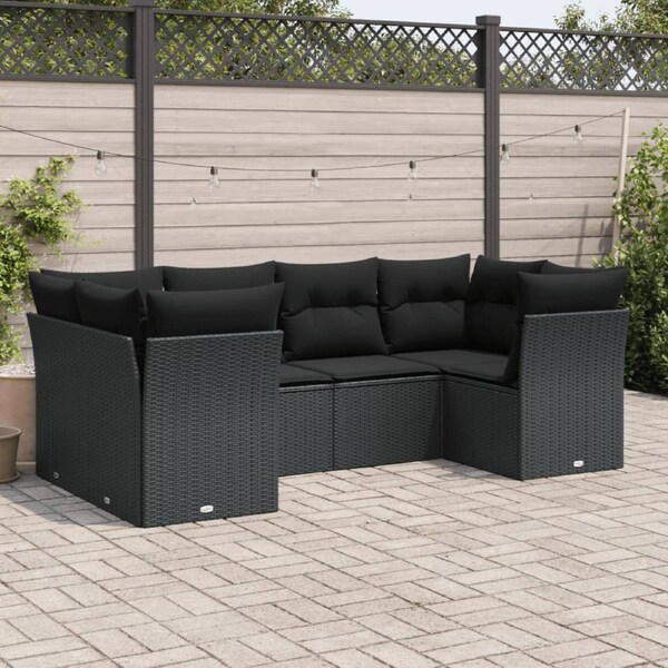 6 Piece Garden Sofa Set with Cushions Black Poly Rattan vidaXL