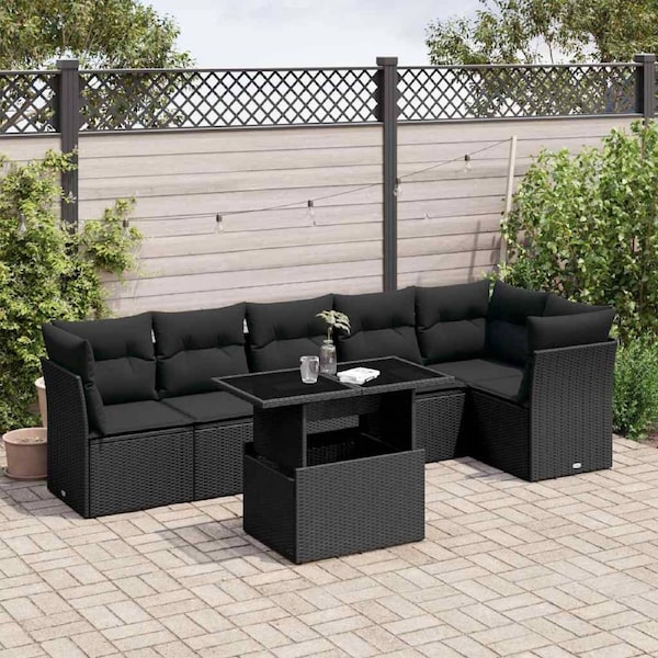 7 Piece Garden Sofa Set with Cushions Black Poly Rattan vidaXL