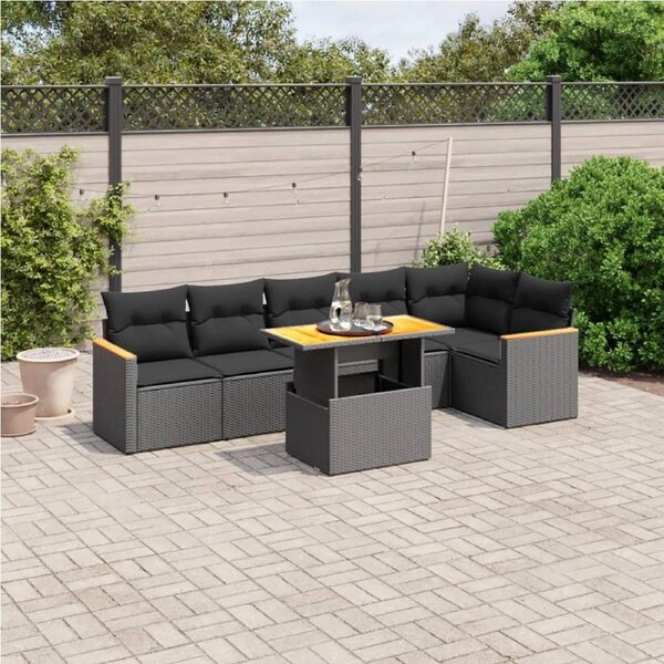 7 Piece Garden Sofa Set with Cushions Black Poly Rattan vidaXL