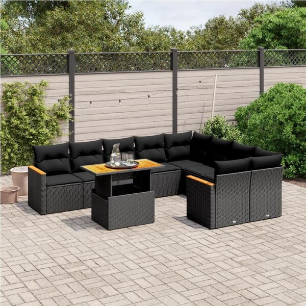 10 Piece Garden Sofa Set with Cushions Black Poly Rattan vidaXL
