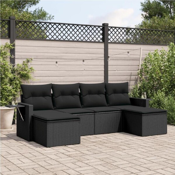 6 Piece Garden Sofa Set with Cushions Black Poly Rattan vidaXL