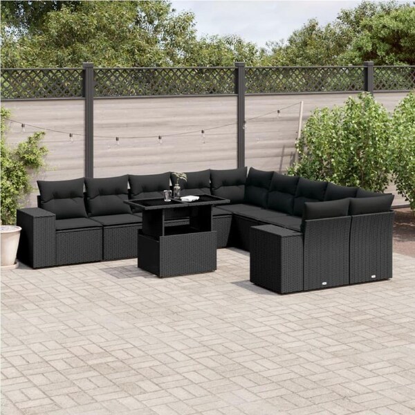 11 Piece Garden Sofa Set with Cushions Black Poly Rattan vidaXL