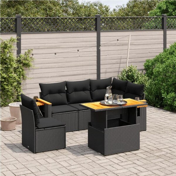 6 Piece Garden Sofa Set with Cushions Black Poly Rattan vidaXL