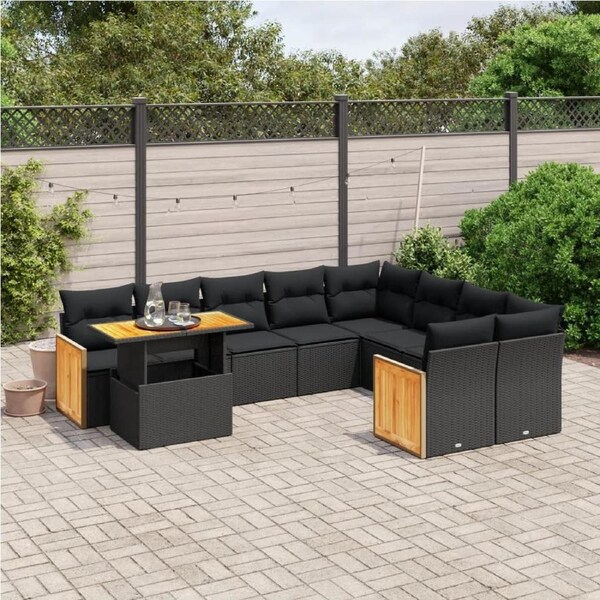 10 Piece Garden Sofa Set with Cushions Black Poly Rattan vidaXL