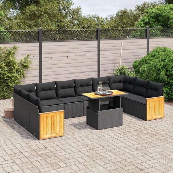 11 Piece Garden Sofa Set with Cushions Black Poly Rattan vidaXL