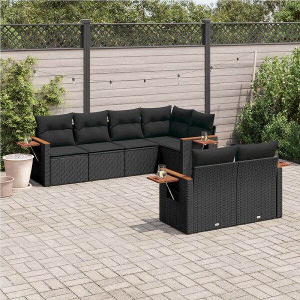 7 Piece Garden Sofa Set with Cushions Black Poly Rattan vidaXL