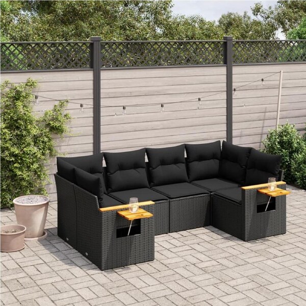 6 Piece Garden Sofa Set with Cushions Black Poly Rattan vidaXL