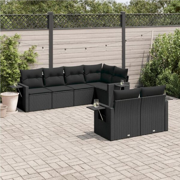 7 Piece Garden Sofa Set with Cushions Black Poly Rattan vidaXL