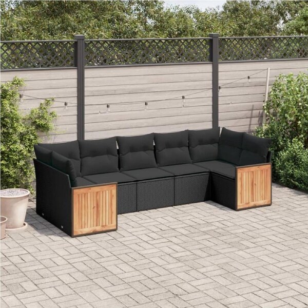 7 Piece Garden Sofa Set with Cushions Black Poly Rattan vidaXL