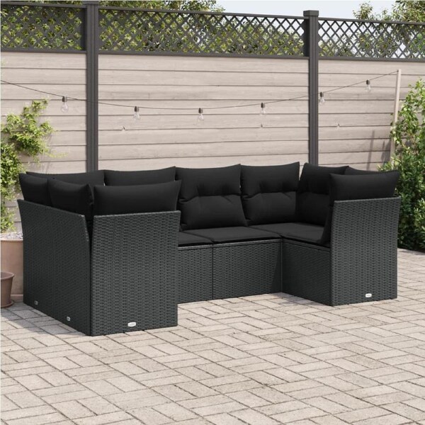 6 Piece Garden Sofa Set with Cushions Black Poly Rattan vidaXL