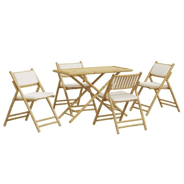 5 Piece Folding Bistro Set with Cream White Cushions Bamboo vidaXL