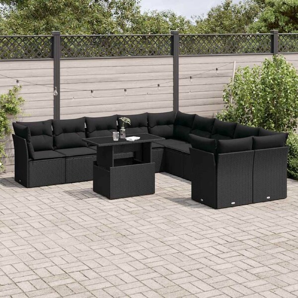 11 Piece Garden Sofa Set with Cushions Black Poly Rattan vidaXL