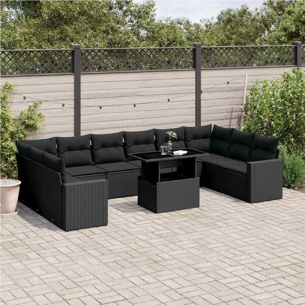 11 Piece Garden Sofa Set with Cushions Black Poly Rattan vidaXL