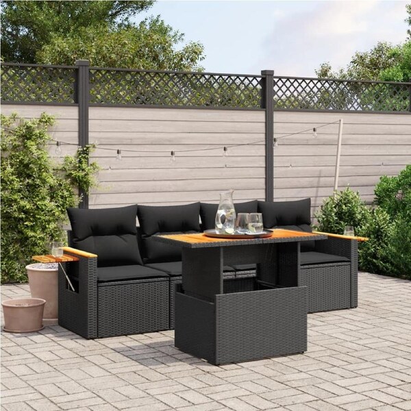 5 Piece Garden Sofa Set with Cushions Black Poly Rattan vidaXL