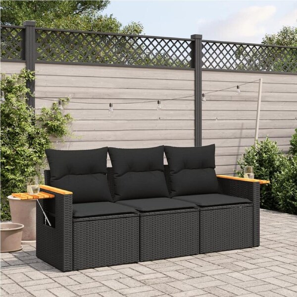 3 Piece Garden Sofa Set with Cushions Black Poly Rattan vidaXL