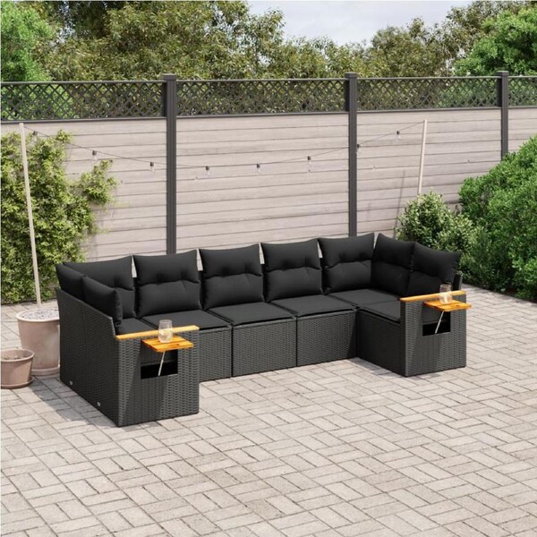 7 Piece Garden Sofa Set with Cushions Black Poly Rattan vidaXL