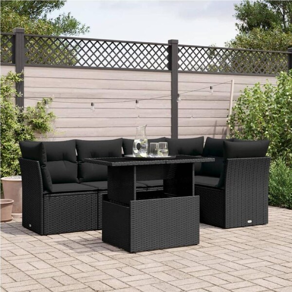 6 Piece Garden Sofa Set with Cushions Black Poly Rattan vidaXL