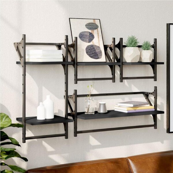 4 Piece Wall Shelf Set with Bars Black Engineered Wood vidaXL