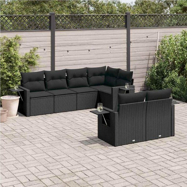 7 Piece Garden Sofa Set with Cushions Black Poly Rattan vidaXL
