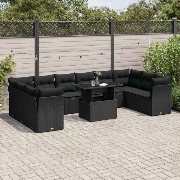 11 Piece Garden Sofa Set with Cushions Black Poly Rattan vidaXL