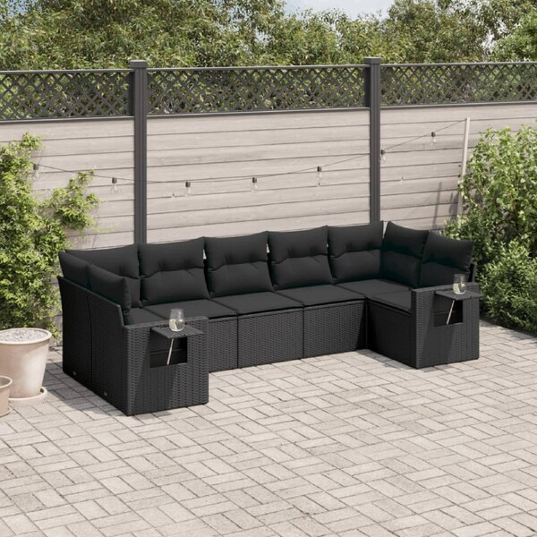 7 Piece Garden Sofa Set with Cushions Black Poly Rattan vidaXL