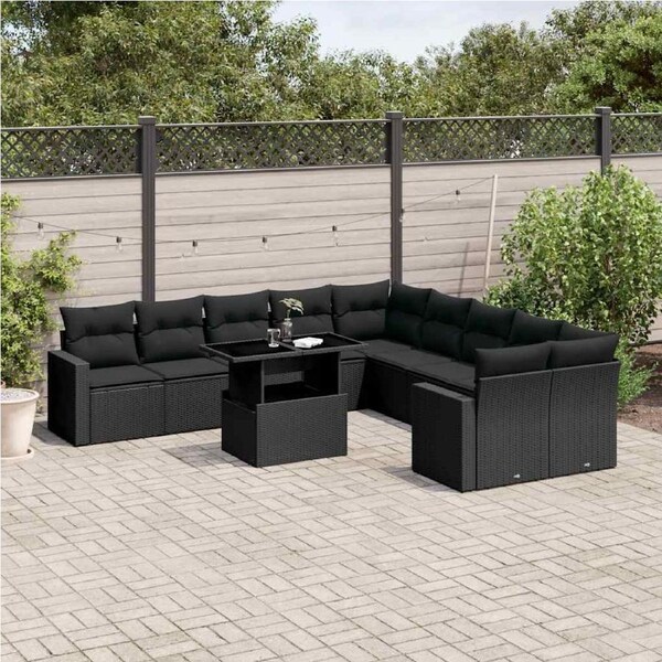 11 Piece Garden Sofa Set with Cushions Black Poly Rattan vidaXL