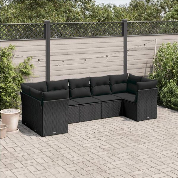 7 Piece Garden Sofa Set with Cushions Black Poly Rattan vidaXL