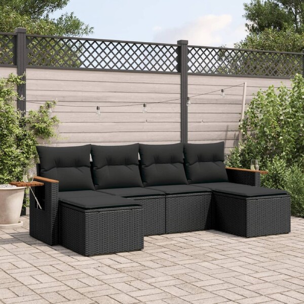 6 Piece Garden Sofa Set with Cushions Black Poly Rattan vidaXL