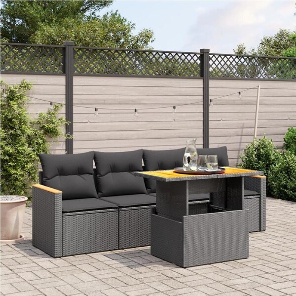 5 Piece Garden Sofa Set with Cushions Black Poly Rattan vidaXL