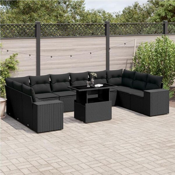 11 Piece Garden Sofa Set with Cushions Black Poly Rattan vidaXL