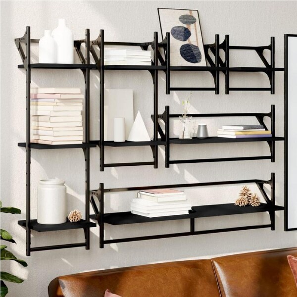6 Piece Wall Shelf Set with Bars Black Engineered Wood vidaXL