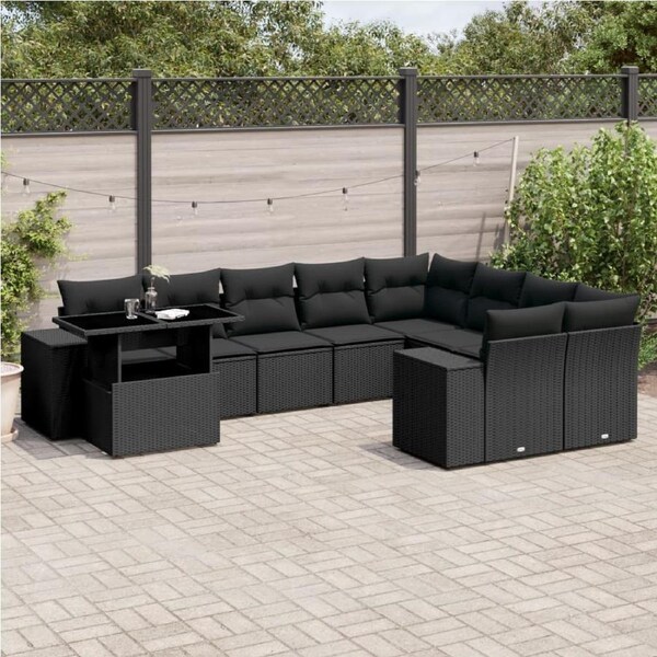 10 Piece Garden Sofa Set with Cushions Black Poly Rattan vidaXL