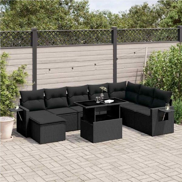 8 Piece Garden Sofa Set with Cushions Black Poly Rattan vidaXL