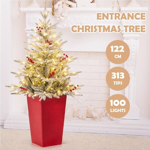Costway 1.22M Pre-Lit Artificial Potted PE Christmas Tree w/LED Lights Xmas Decoration Gift