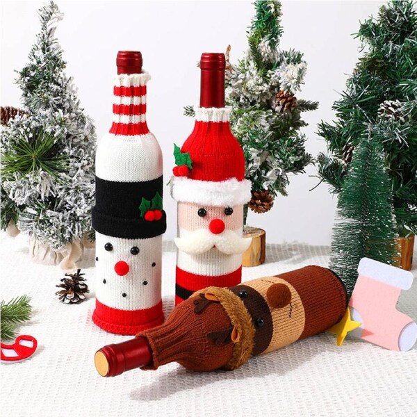 3sets Christmas Wine Bottle Cover Santa Claus Snowman Knitted Wine Bottle Cover