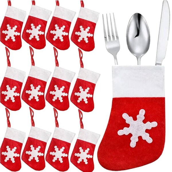 16 Pack Christmas Cutlery Holder Christmas Stocking Pockets Knives Forks Bags